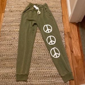 Stylish green joggers with cute white peace sign!!
